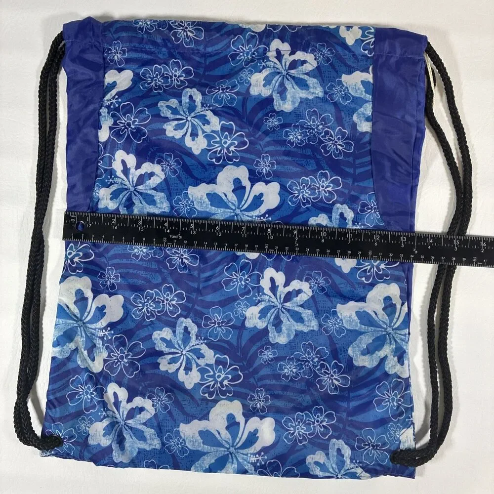 Port Authority Blue Hibiscus Floral Drawstring Backpack Cinch Sack Bag 13.5x17.5